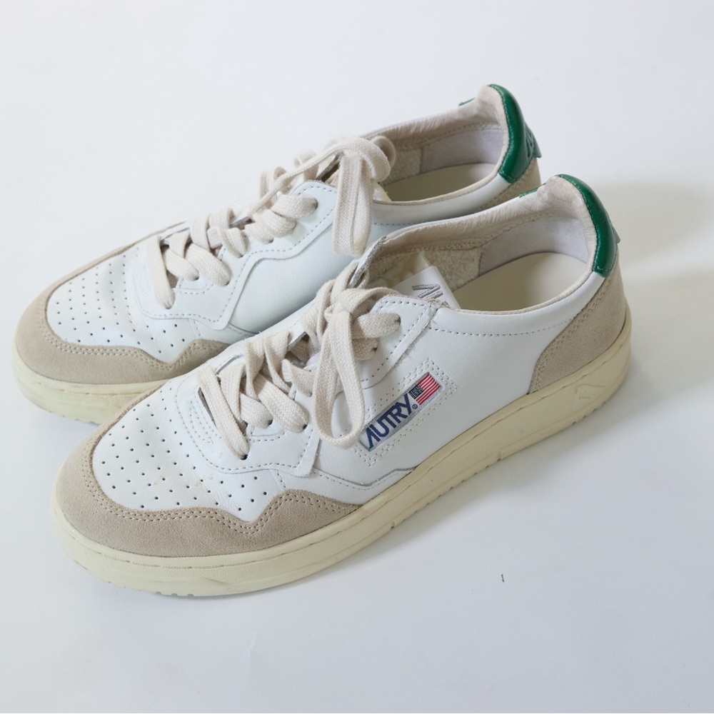 White and Beige Sneakers with Green Details